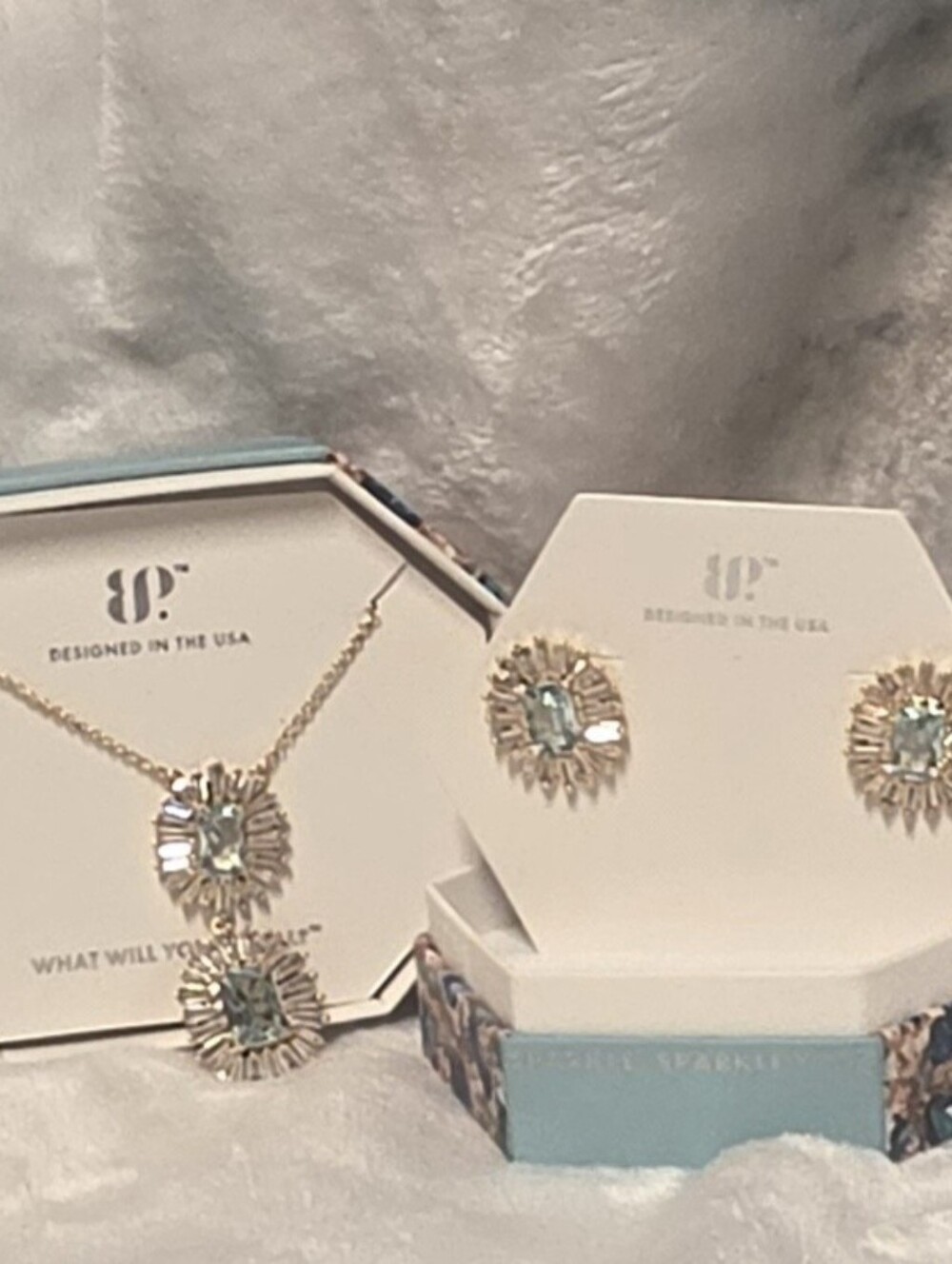 Gold-Tone Aqua Crystal Sunburst Necklace & Earrings Set Matching March Birthday